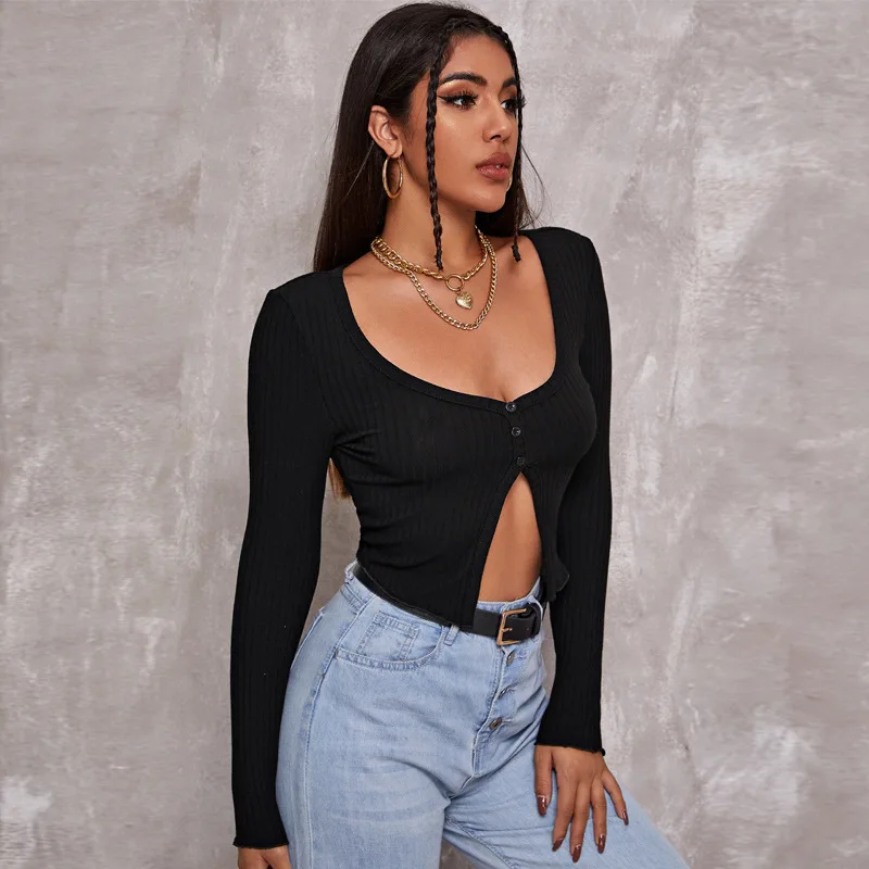 

2021 New Autumn Solid Color Bottoming Shirt Sexy Cropped Cardigan Long-sleeved Short T-shirt Female Fashion Air-conditioning Top