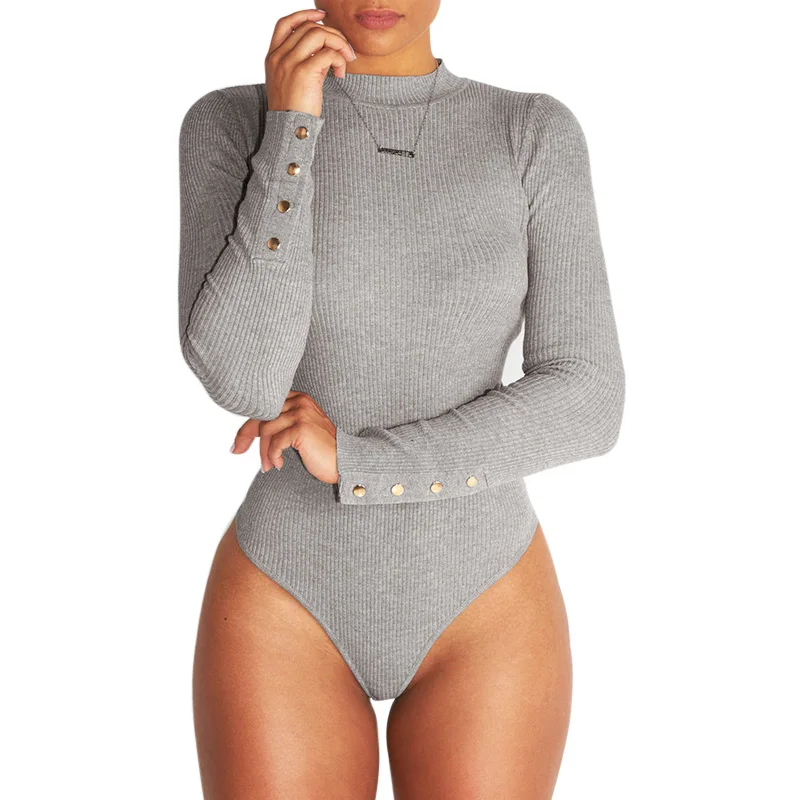 

Women Skinny Jumpsuit Long Sleeves Elastic Slim Fit High Waist Bodysuit for Autumn FEA889