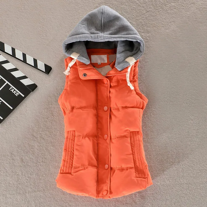 

Orange Sleeveless Girls Large Size Quilted Jacket Cotton Hooded Puffer Vest Female Short Warm Casual Tops 6xl Thermal Vest Women