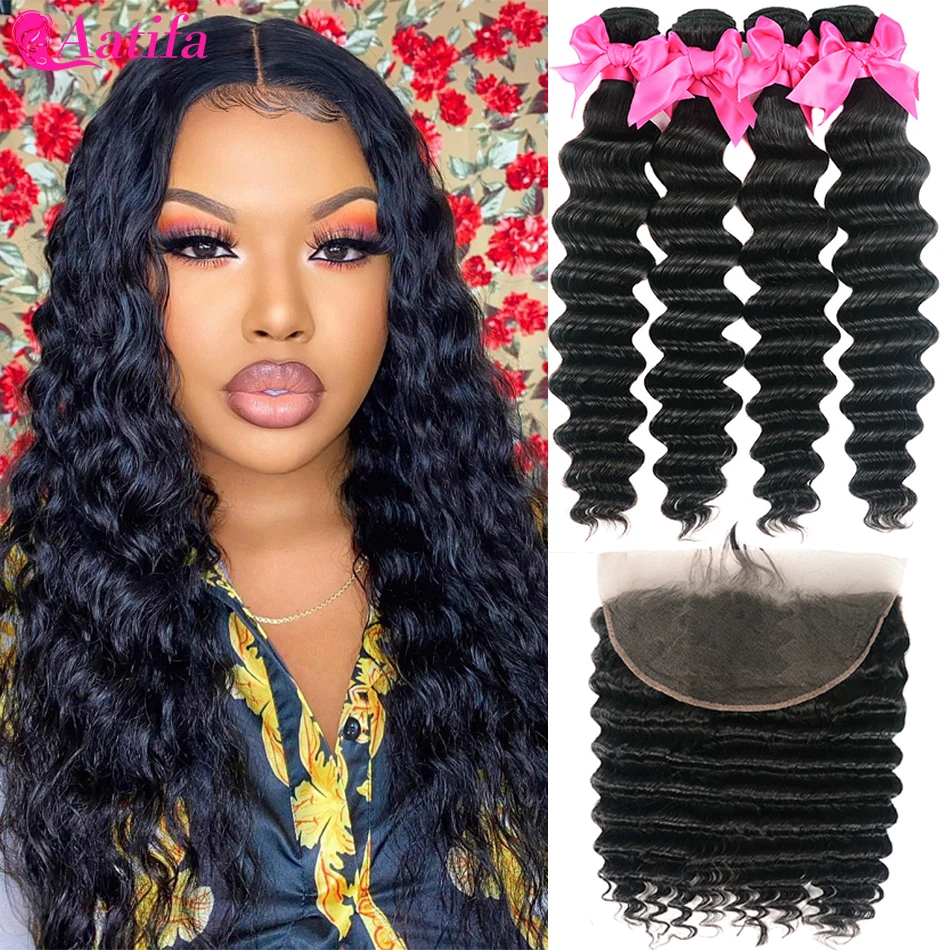 

Свободная глубокая волна 4 пряди с фронтальной 4x 4/13x4 Прозрачная Кружевная фронтальная бразильская застежка с пряди Aatifa 100% человеческие вол...