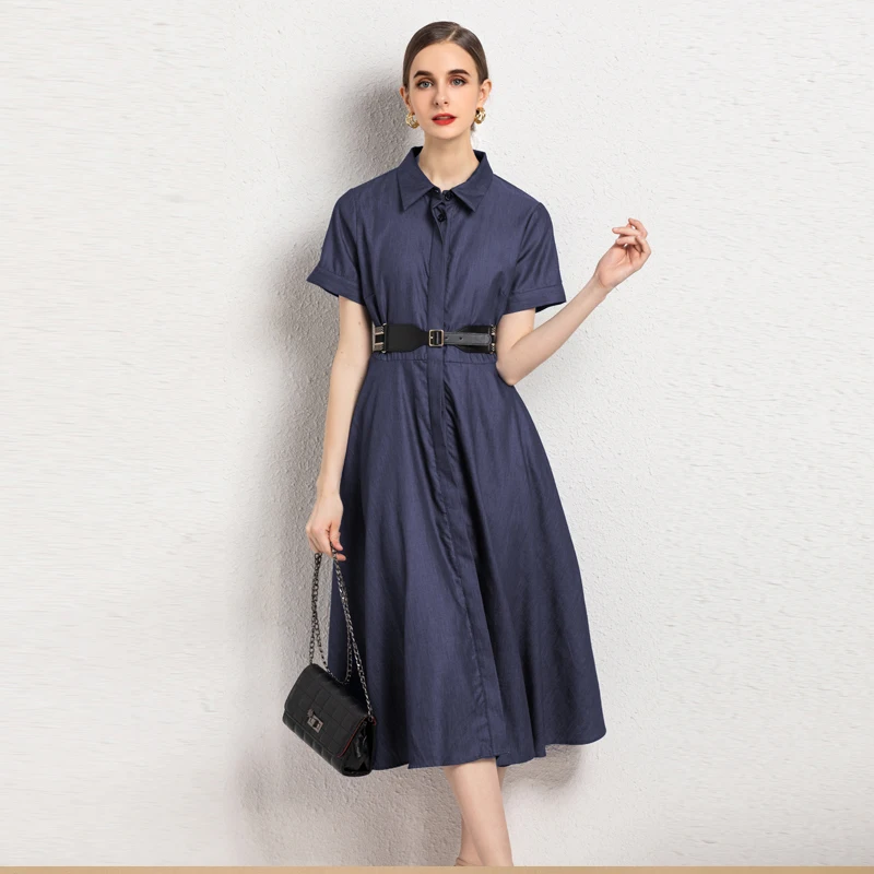 

Runway 2021 Summer New Women'S Midi Dress Fashion Party Casual Vintage Elegant High Quality Single Breasted Lapel Denim Dress