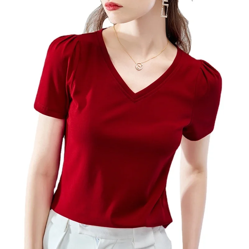 

Short sleeve t-shirt female 2021 summer new white women's temperament V-neck cotton T-shirt bubble sleeve French top