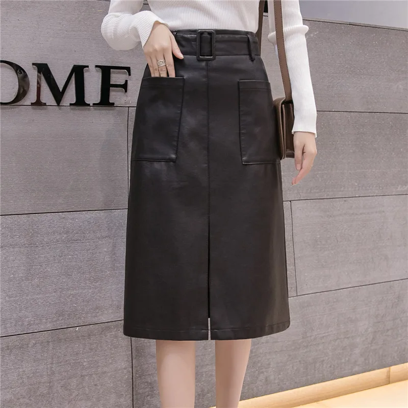 

REALEFT Autumn Winter Black PU Leather Elegant Pencil Midi Skirts Pockets High Waist Back Split Sheath Wrap Skirts with Belt