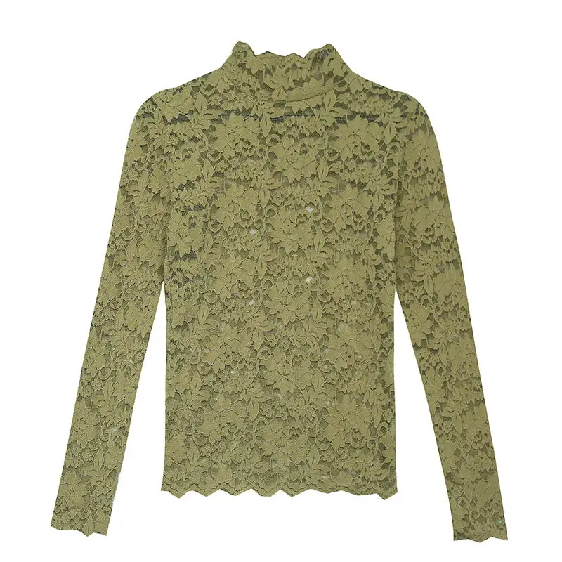 

Lace Female Long Sleeve 2020 Spring Autumn New Stand Neck Women Tops Sexy transparent Lace Mesh Hollow Flower Camisas Mujer