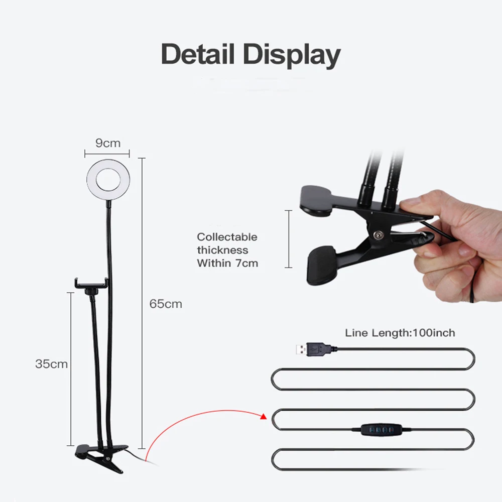 

Foleto 2in1 LED Selfie Ring Light w/Phone Holder Flexible Arm Clamp 3 color Adjustable for Live Makeup Video for Youtube Photo