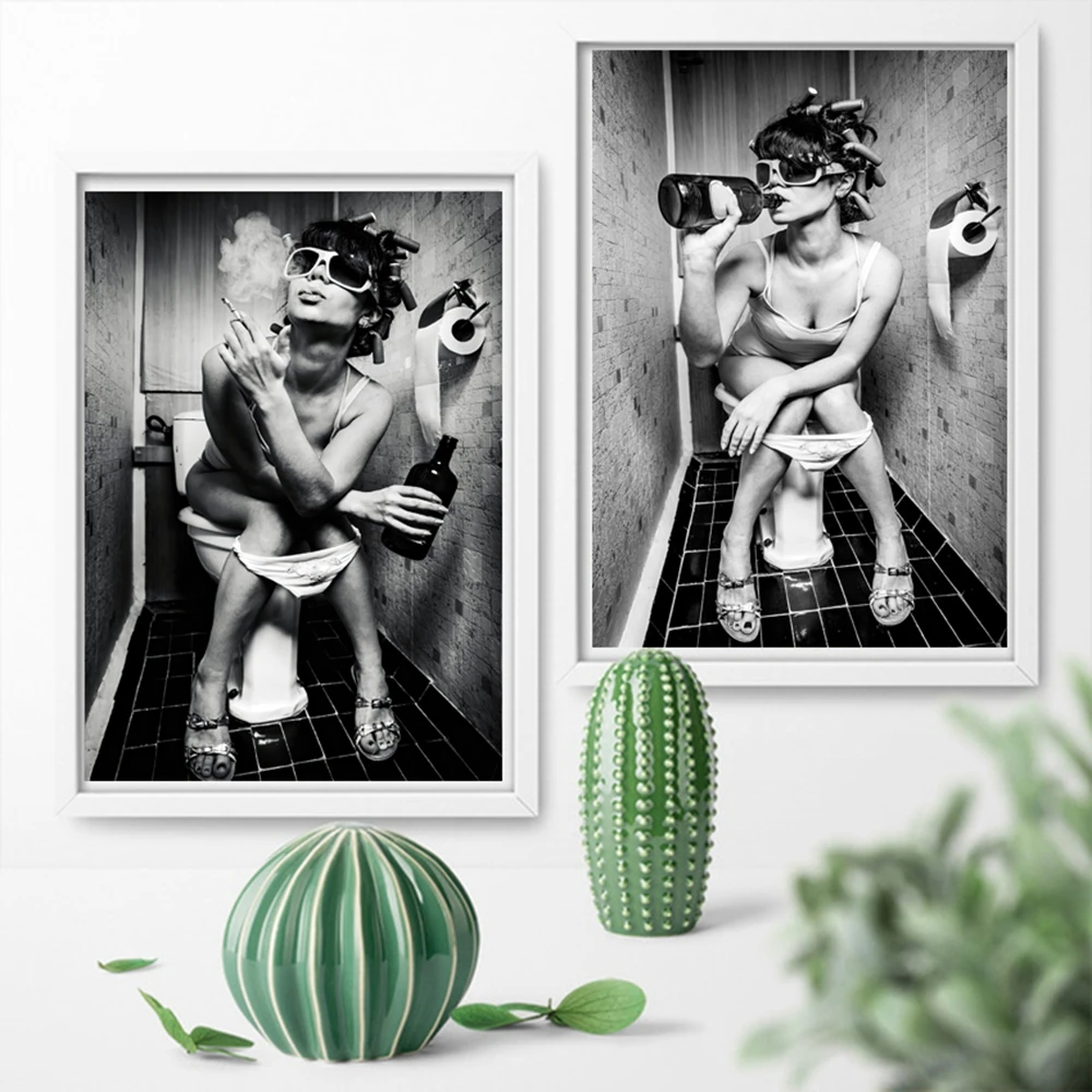 Modern Home Decor Black and White Nordic Poster Girl Drink Beer at Washroom Canvas Pictures for Living Room Coffee Bar Wall Art | Дом и сад