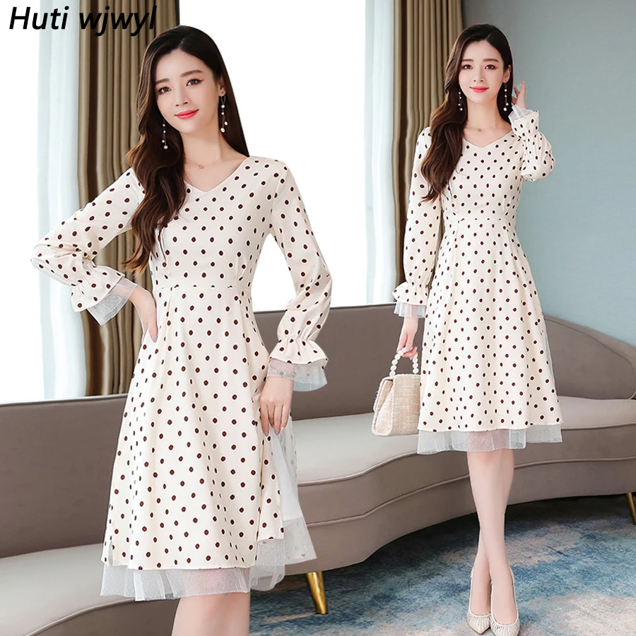 Женское винтажное платье миди в белый горошек однотонное кружевное с длинным