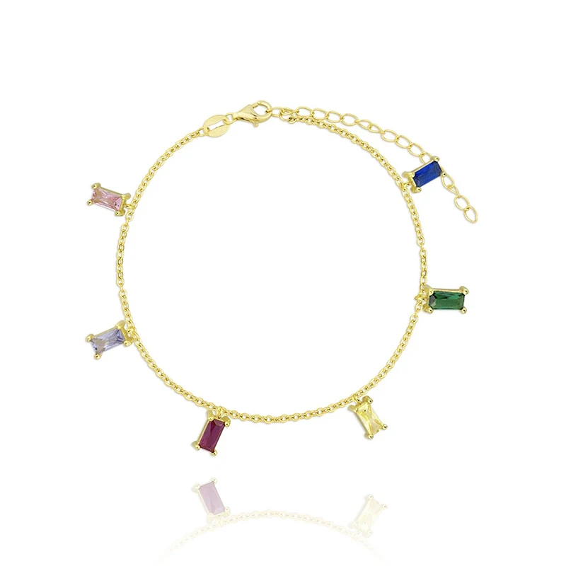 

925 Sterling Silver Colorful Rainbow Square Zircon Necklace Women Charming Crystal Gold Silver Chain Necklace