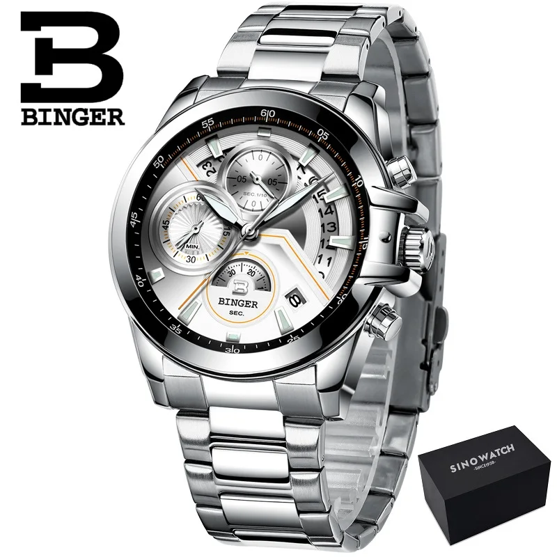 SSWG--Gift box BINGER роскошные часы с автоматической датой, мужские водонепроницаемые стальные мужские часы, модные модельные деловые дизайнерские кварцевые часы с кожаным победителем - Цвет: SSWG--Gift box