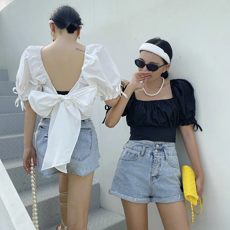 

LANMREM Women's Backless Bow Blouse Drawstring New 2021 Bubble Short Sleeve Square Collar Female All Match Summer Top 2D3681