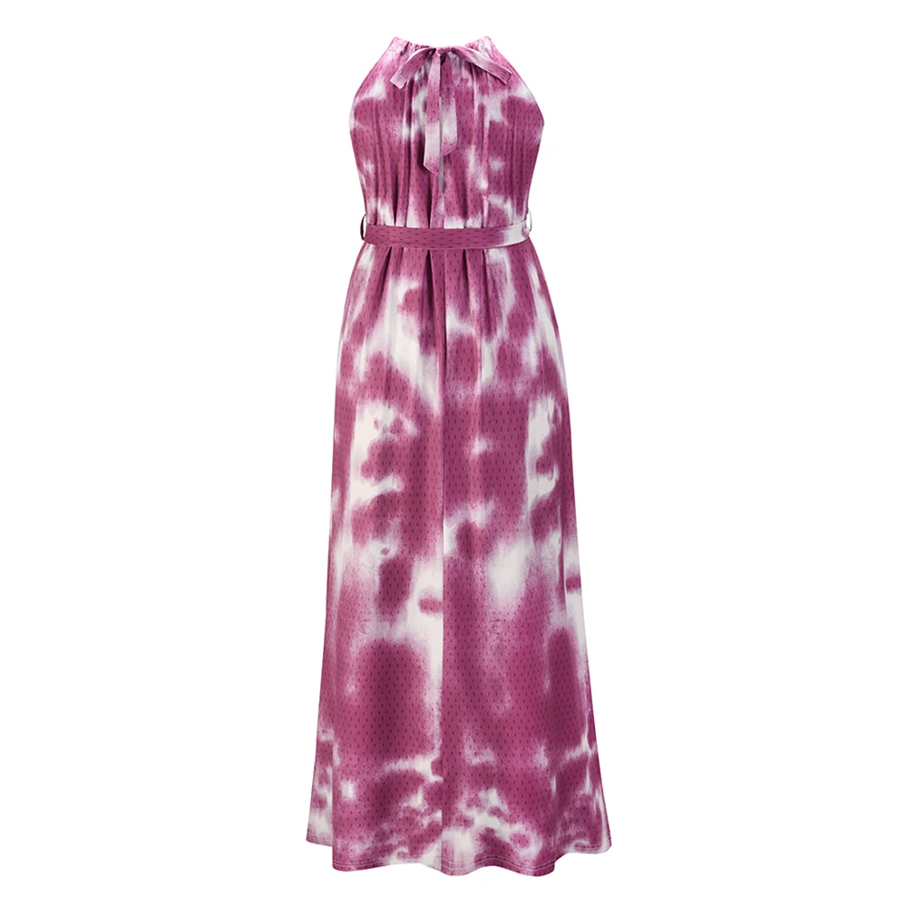

2021 Maxi Dress For Women Sleeveless Tie Dye A Line Long Dress Streetwear Bandage Sashes Plus Size Summer Dress