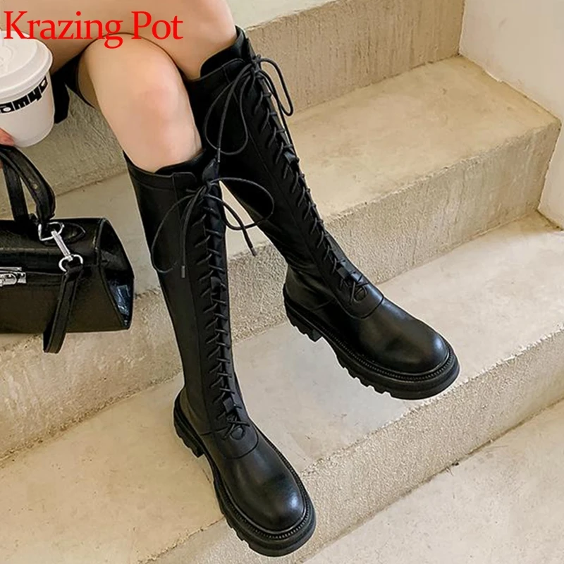 

Lenkisen full grain leather riding boots winter keep warm round toe thick bottom med heels cross-tied thigh high boots l85