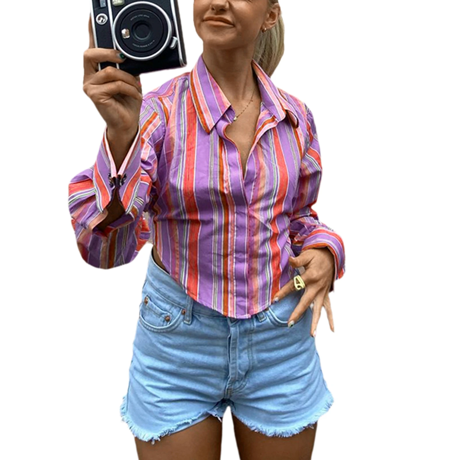 Женская рубашка с длинным рукавом принтом в полоску | одежда