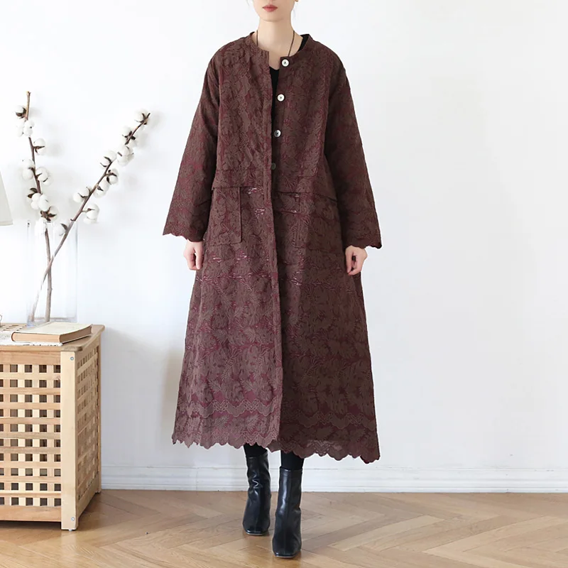 Новинка 2019 Женский Тренч с вышивкой винтажное пальто зима круглый вырез длинный