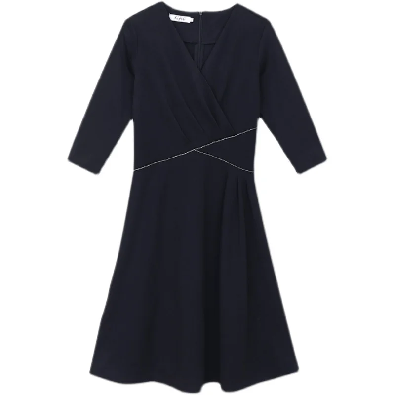 

COIGARSAM 3XL Plus Size French Style Women dress New Spring Vintage High Waist V-Neck Dresses Black 6005