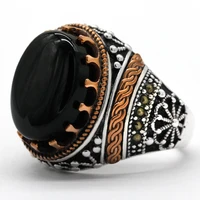 turkish black mens ring with natural agate 925 sterling silver vintage classic aqeeq rings antique punk jewelry male women gift