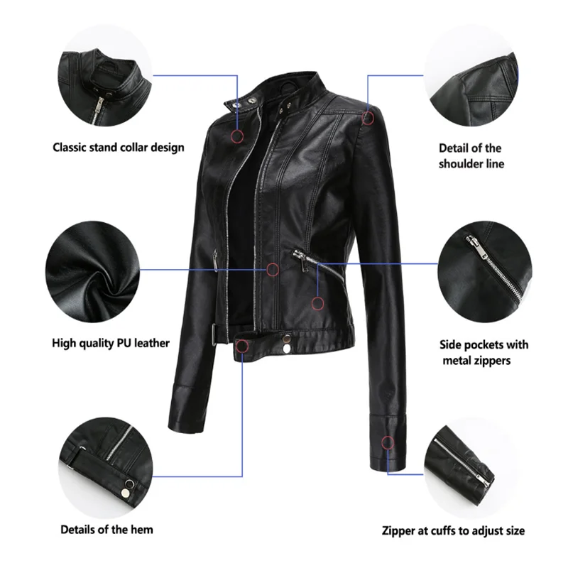 Autumn Faux Soft Leather Pu Jacket Ladies Slim Punk Coat Women Stand-up Collar Moto Motorcycle Rider Rivet Zipper Street Coat