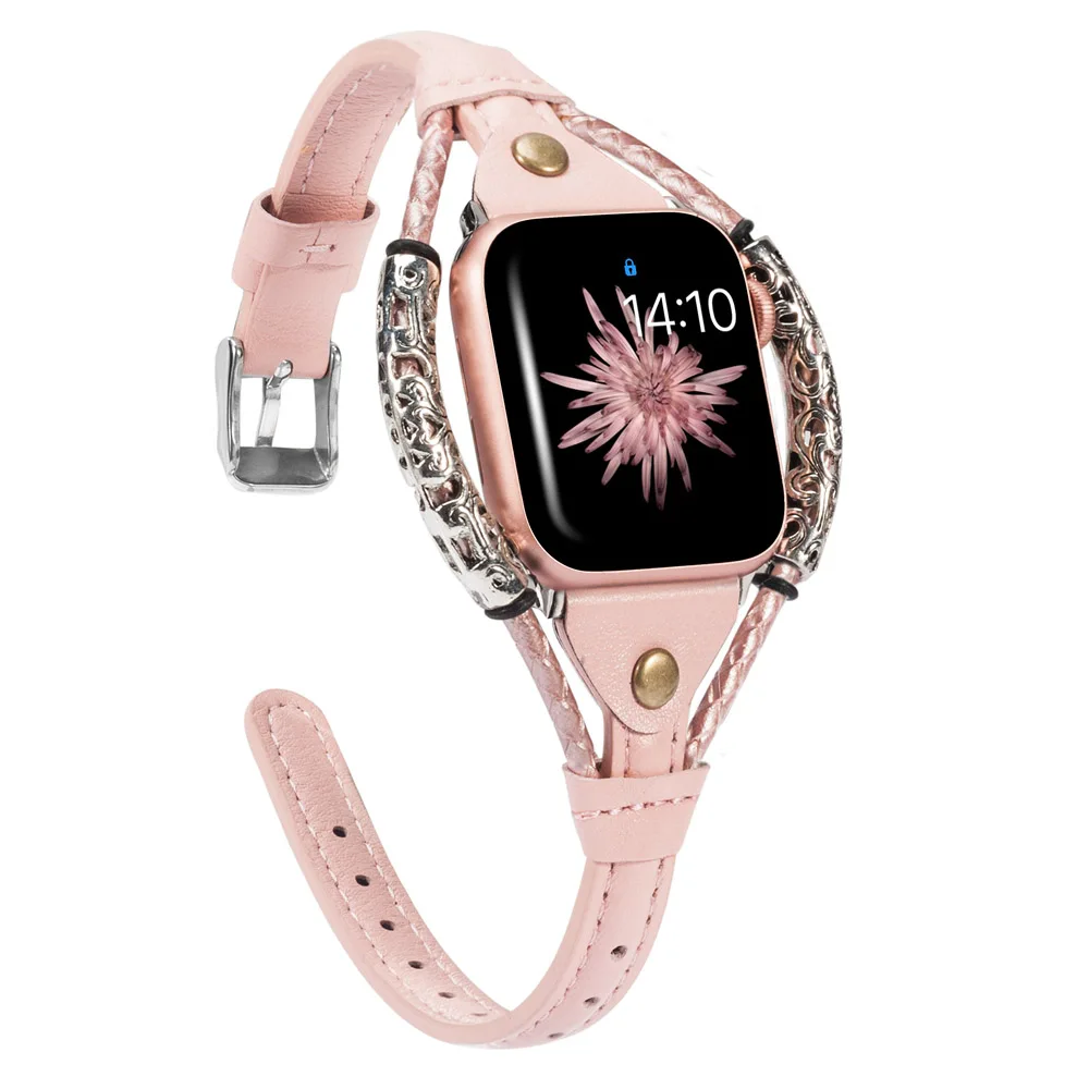 Pink Винтажный кожаный ремешок для Apple Watch Band женский твист полоса ремешок заклепки с металлической веревкой браслет нарядный стильный iwatch серия - Цвет ремешка: Pink