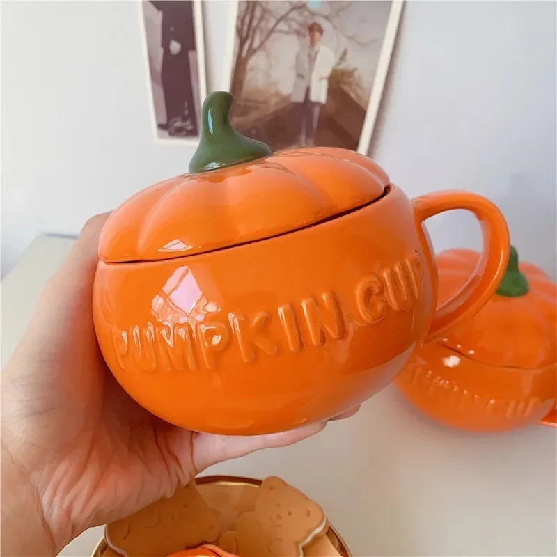 300ml/500ml Creative Pumpkin Coffee Mugs Ceramic Milk Cup with Lid Breakfast Oatmeal Yogurt Mug Funny Halloween Gift | Дом и сад