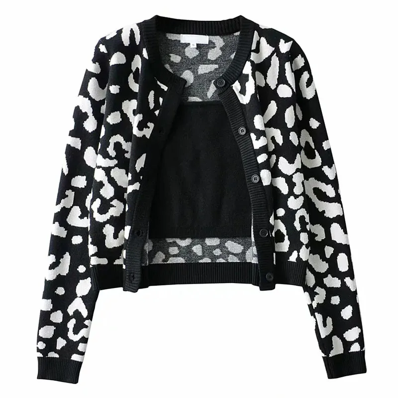 

ZURICHOUSE 2021 Leopard Jacquard Knitted Cardigan Women Spring Long Sleeve Two-piece Set Cropped Sweater Coat With Cami Female