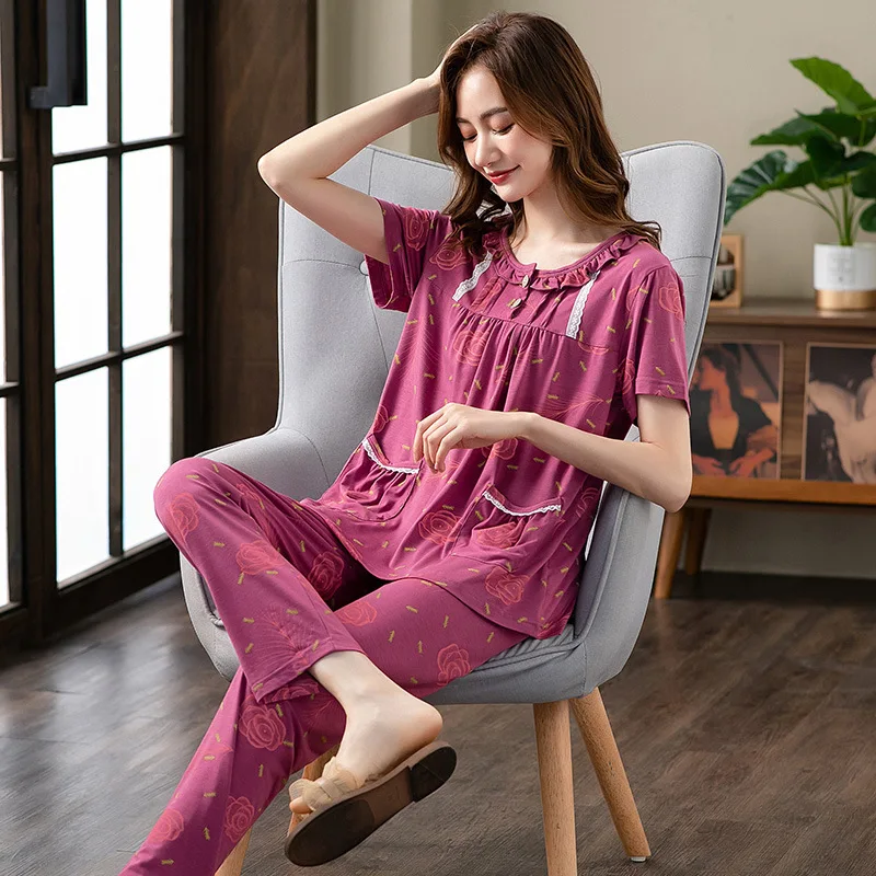 

Pajamas Women's Summer Modal Short Sleeve Trousers Loose Size Middle Aged And Elderly Home Suit Pajama Sets nighty