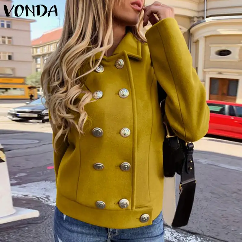 

VONDA Autumn Winter Warm Coats 2022 Women Jackets Lapel Collar Double Breasted Long Sleeve Casual Jackets Veste Femme Overcoats