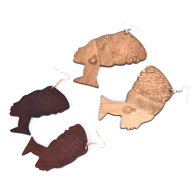 

1 Pair Vintage Long Wood Earring For Women Ethnic Fashion Jewelry African Head Geometric Dangle Drop Tassel Earrings Pendant