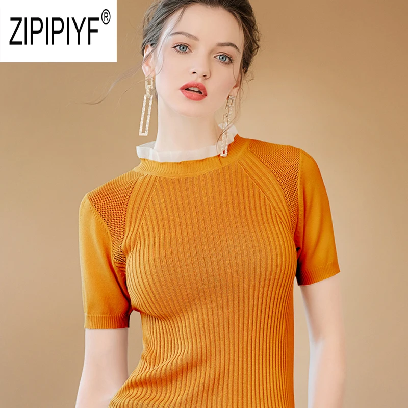 

2019 Autumn Fashion Women Sweater Ruffles Short Sleeve Fitted Knitting Sweater Top Simple Design Office Casual Sweater Z2452