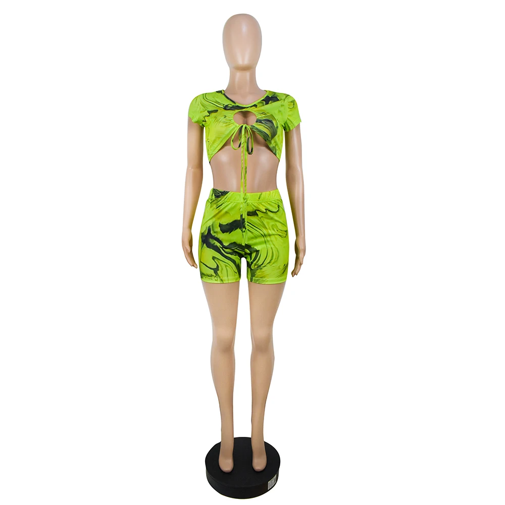 

hiHollow Out Bandage Short Sleeve Crop Tops+Shorts Two Piece Set Office Lady Commuting Outfits Summer 2021 Party Clubwear