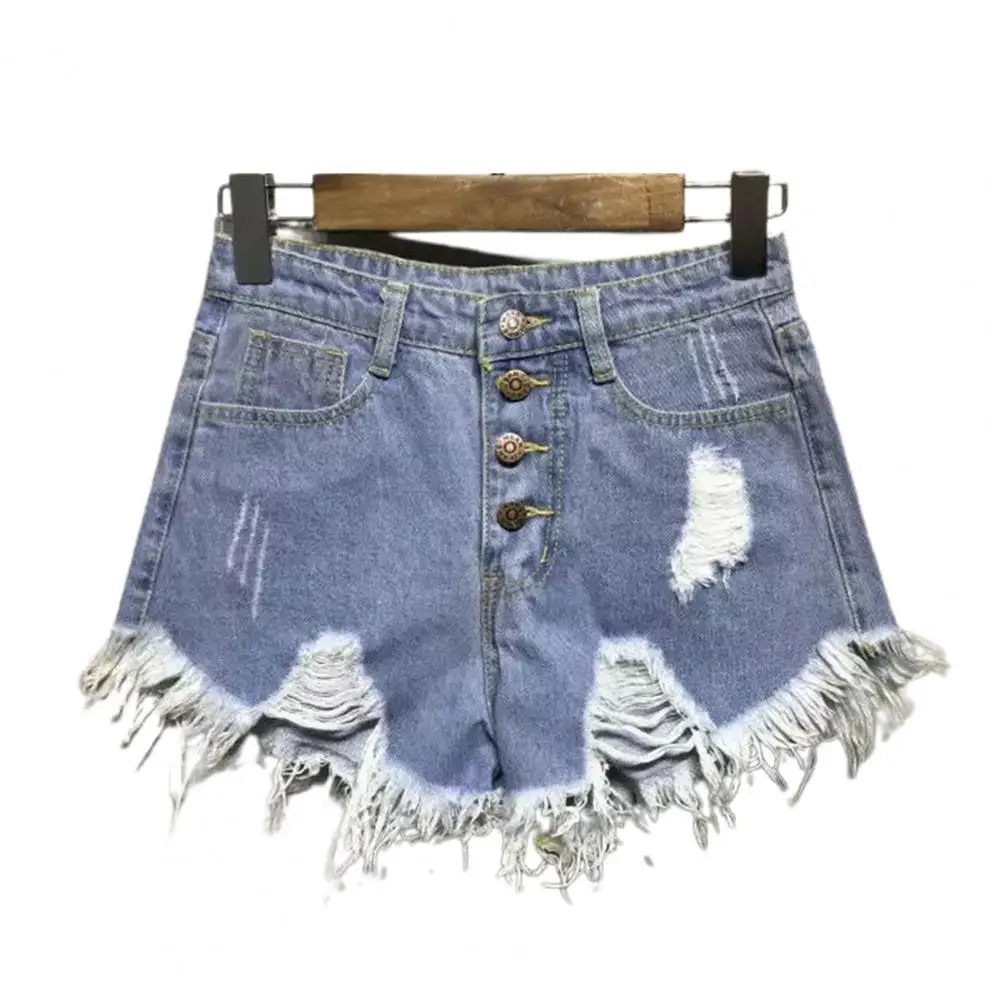 

Solid Color Ladies Shorts Tassel Loose All Match A Line High Waist Button Placket Ripped Shorts Casual Wear for Going Out