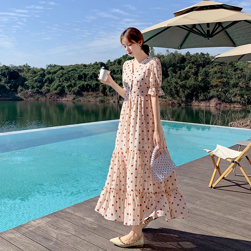 

Sexy V-Neck Short Sleeve Vintage Dot Printing Party Long Dress Summer New Women's Clothing Fashion Casual Vestidos