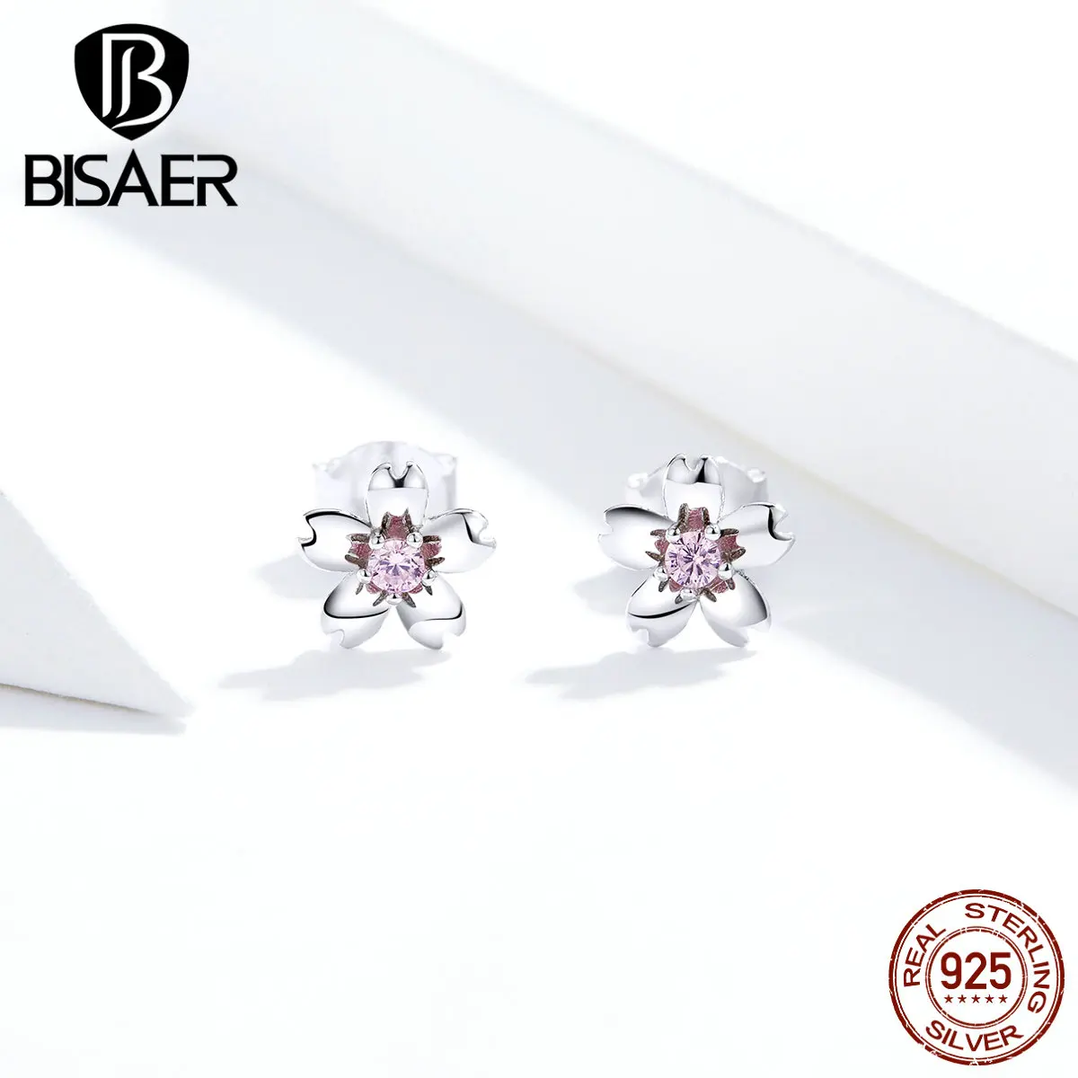 Серьги с цветами BISAER 925 пробы серебро маленькие вишневые цветы серьги-гвоздики