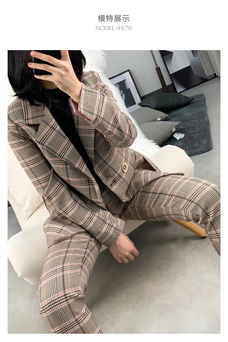 Женский костюм осенний ретро двубортный клетчатый костюм модный женский комплект из двух предметов с вышивкой