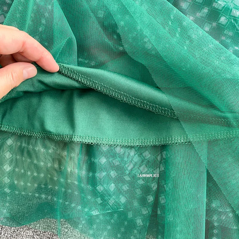 

European Summer New Green Plaid Irregular Mesh High-waisted Slim Loose Mid-length Skirts Women Fashion Streetwear 2021