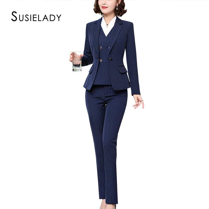 SUSIELADY женские блейзеры костюмы в полоску Блейзер Куртка жилет и брюки/юбка костюм