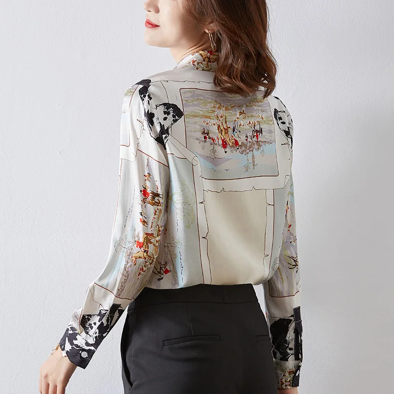2019 блузка рубашка женская одежда с принтом из натурального шелка длинным рукавом