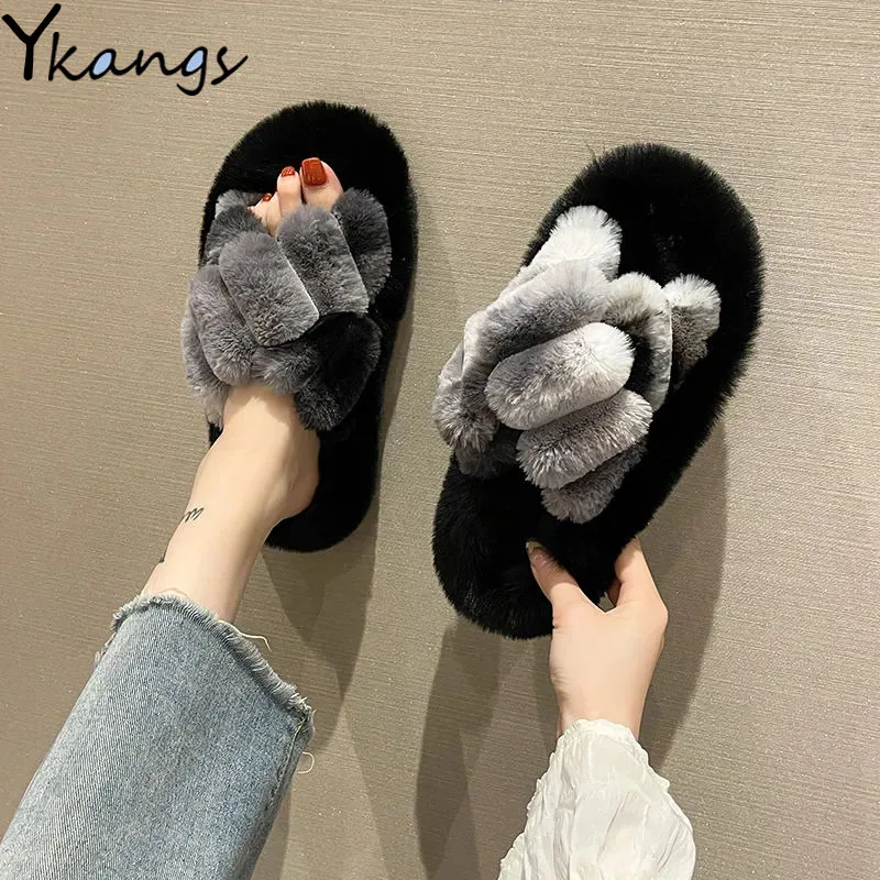

Gradient Cross Women Plush Slippers Winter Warm Artificial Plush Flat Bottom Ladies Slippers Fashion Non-slip Home Lazy Slippers
