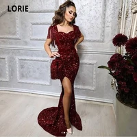 lorie sequinned evening dresses cap sleeves burgundy side split mermaid arabic prom party gown celebrity dress robe fete femme