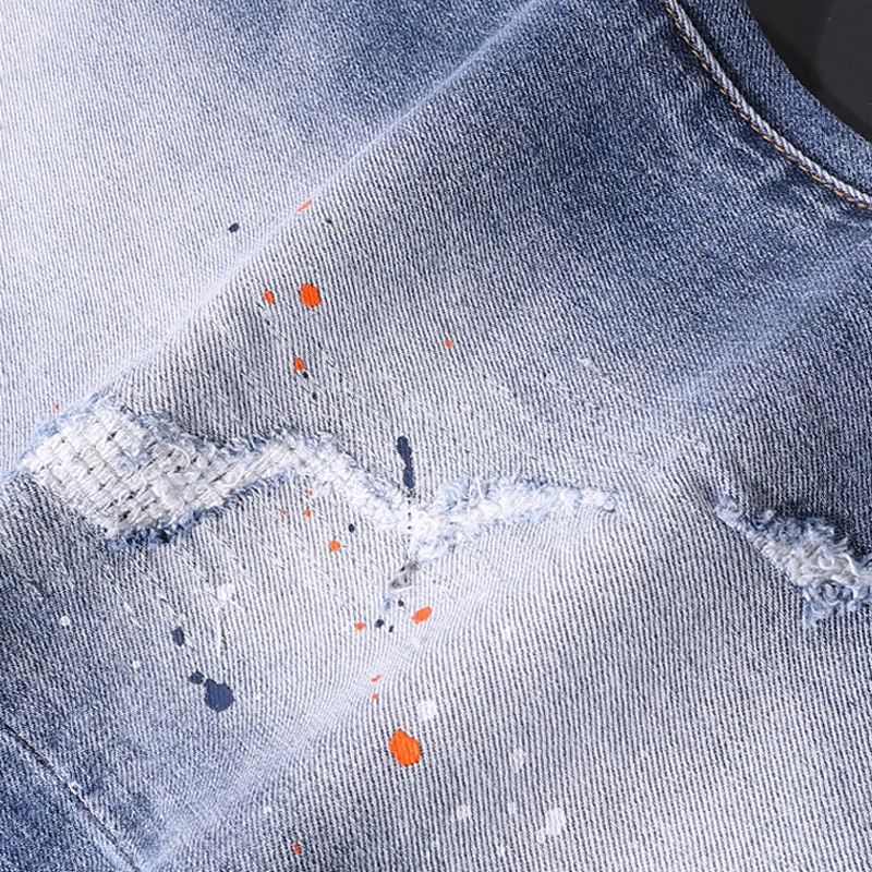 European Street Style Fashion Men Jeans Retro Blue Elastic Slim Fit Ripped Jeans Men Painted Designer Hip Hop Denim Punk Pants