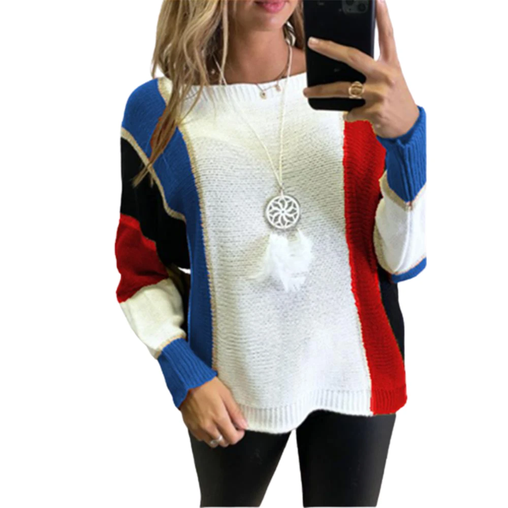 

Fashion Clothes Women Colorblock Long Sleeve Knitted Sweater Casual Loose Jumper Autumn Winter Top Pullover Round Neck Knitwear