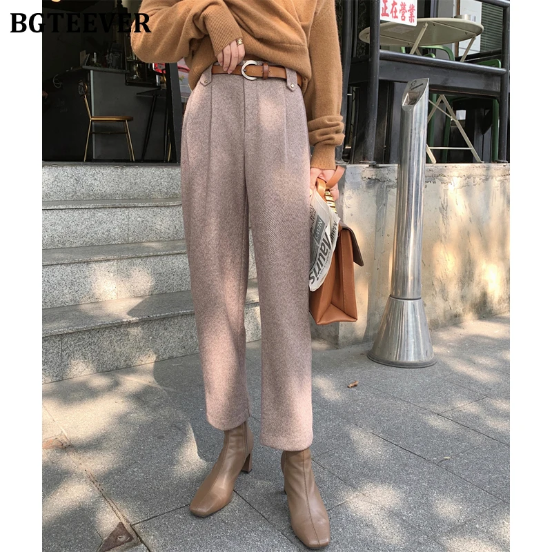 

BGTEEVER Winter Thicken Women Pants 2021 Autumn Winter Loose Pockets High Waist Woolen Female Harem Trousers Casual Pantalon