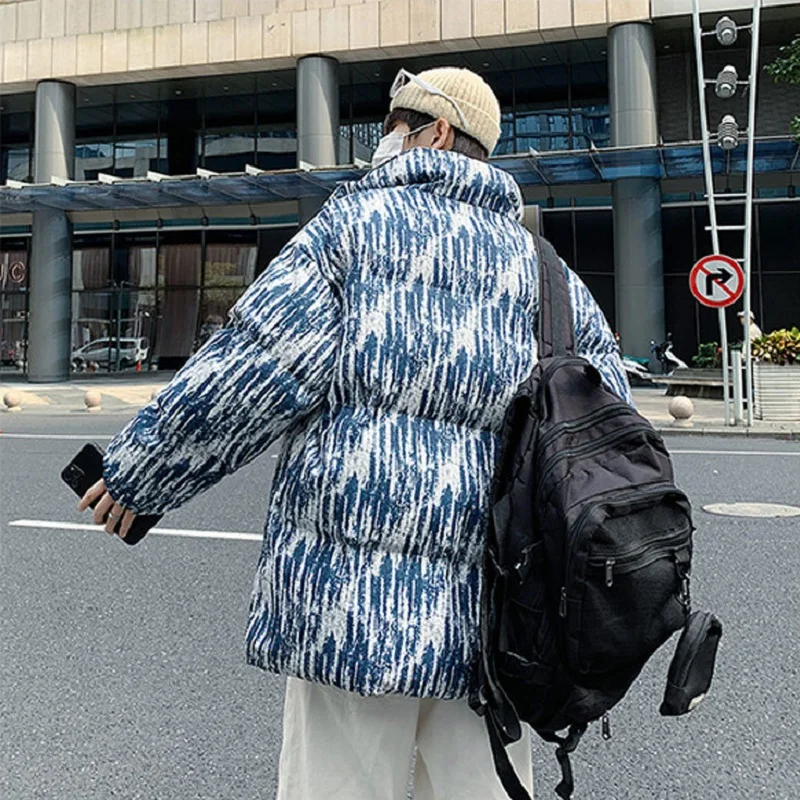 Men's Fashion Stand-up Collar Cotton-padded Jacket Thick Striped Tide Brand Ins Loose Bread Clothes Harajuku Winter Jacket Men