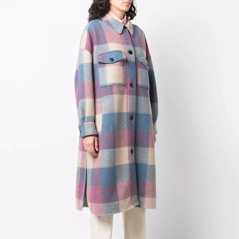 

Женское однобортное пальто средней длины, шерстяные куртки в клетку с отложным воротником и прямым подолом с разрезом, Свободный кардиган с...