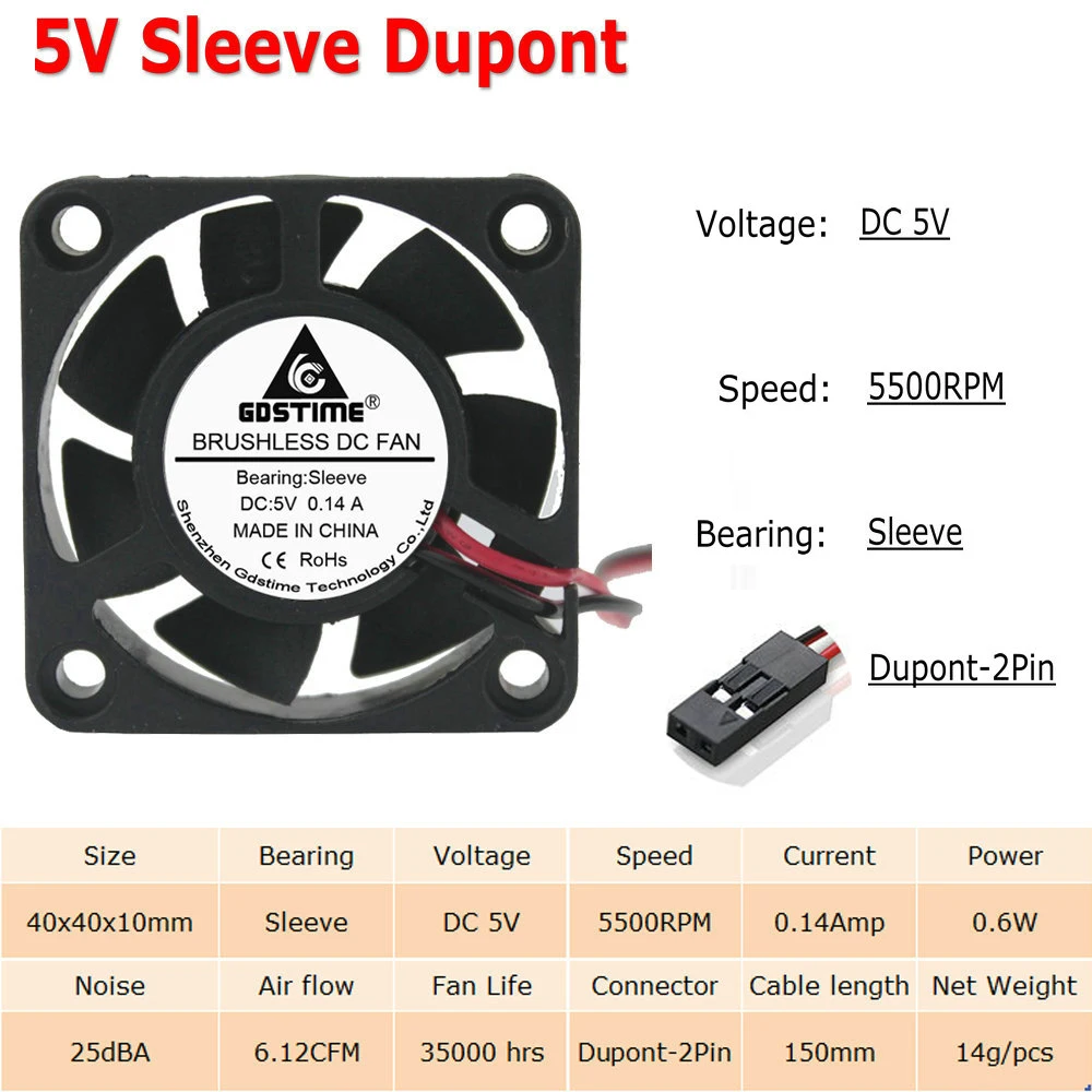 10 шт./Партия Кулер 40x40x10 мм 4010 2Pin 3Pin Dupont USB 5 в 12 В 24 в 40 мм 4 см DC чехол для компьютера Бесщеточный вентилятор охлаждения Втулка с отверстиями для шариков - Цвет лезвия: 5V Sleeve Dupont