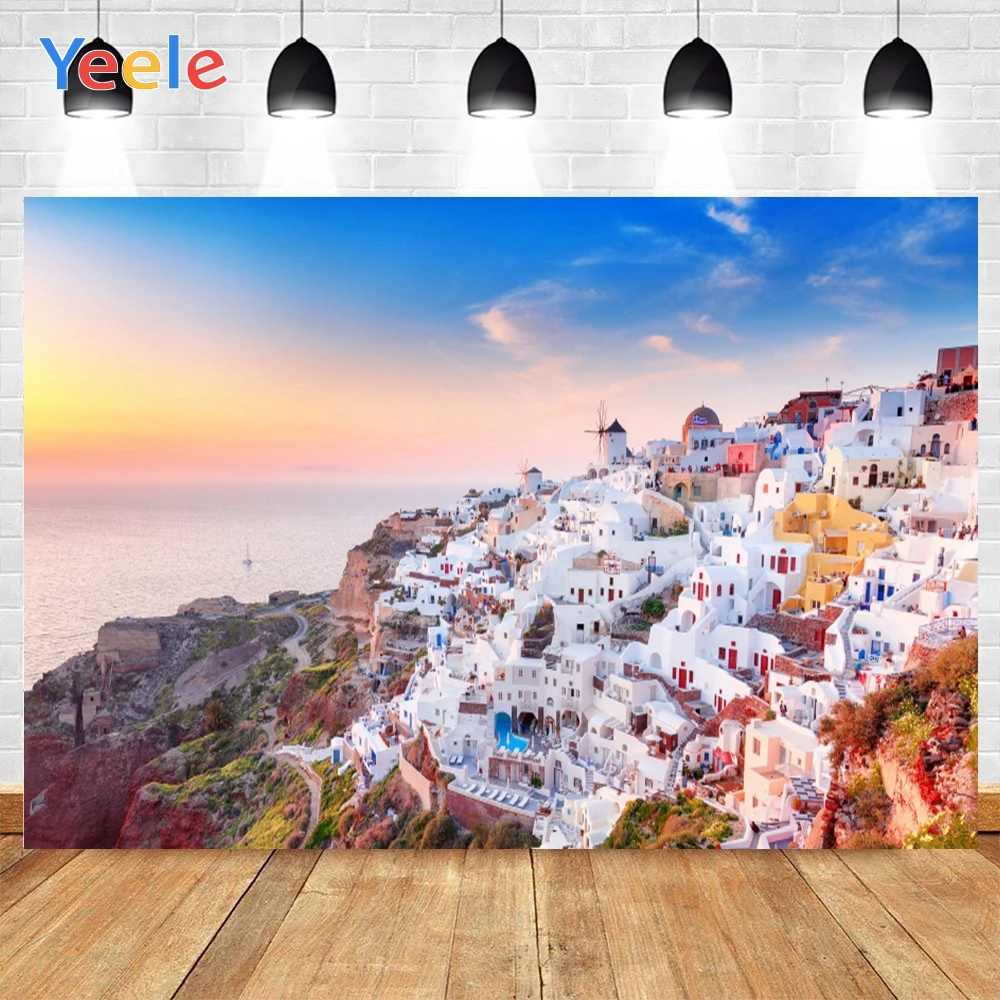 Фон для фотосъемки Yeele с изображением белых домов на горе голубого и золотого