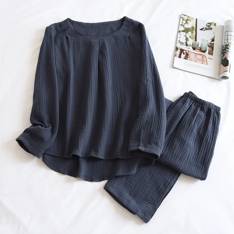 Japanese Simple Spring And Autumn Ladies Pajamas Two-piece Long-sleeved Trousers 100% Cotton Crepe Round Neck Home Service Set