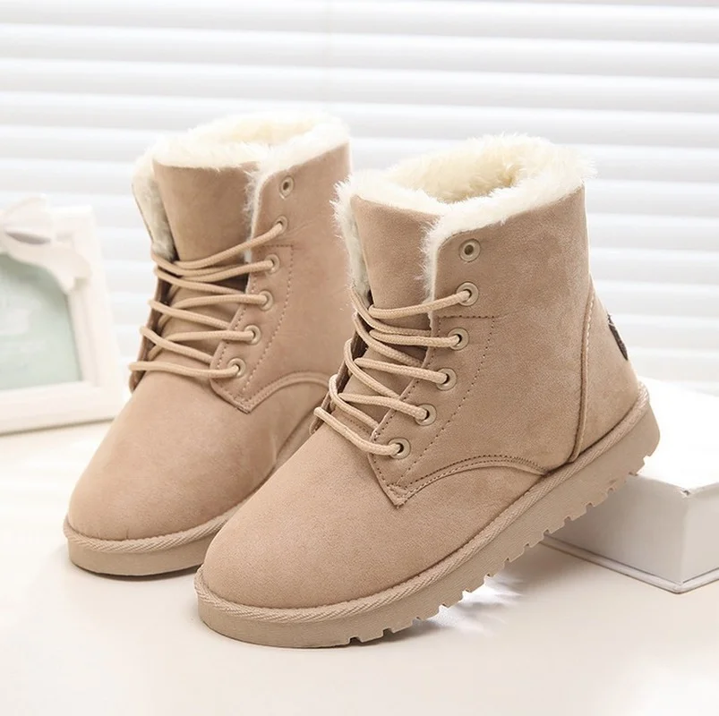 

Women's 2021 Winter Snow Boots Warm Flat XL Thick Bottom Lace-up Women's Shoes New Flocked Fur Suede Ankle Boots Snow Boots