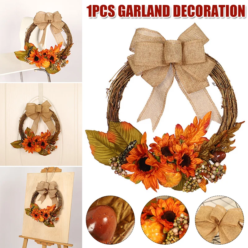 

New Artificial Sun Flower Wreath Front Door Flower Bowknot Wreath Home Indoor Outdoor Hanging Decorative Wreaths Drop Shipping