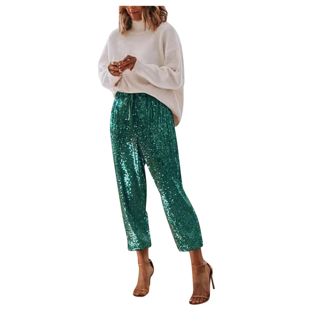 Женские брюки с высокой талией и блестками сексуальный стиль лента для ног