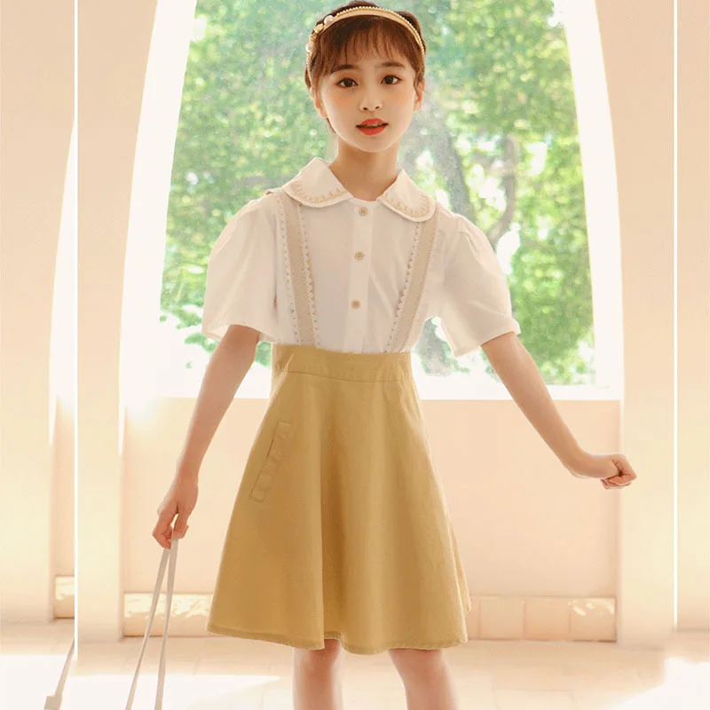 

Teenage Girls Clothing Sets 2021 Summer Children's White Blouses Tops And Skirt Suit Yellow Blue Two Pieces Set School Clothes